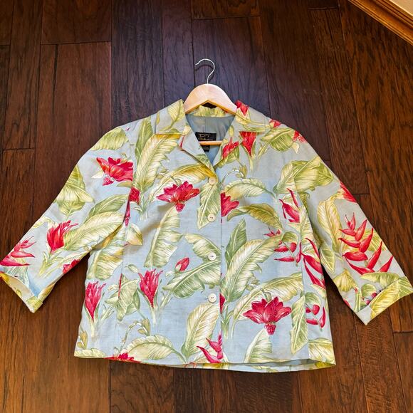 VTG DT Collection Women's Vibrant Floral Beaded Linen Blend Lined Blazer Sz 10 - Picture 1 of 9